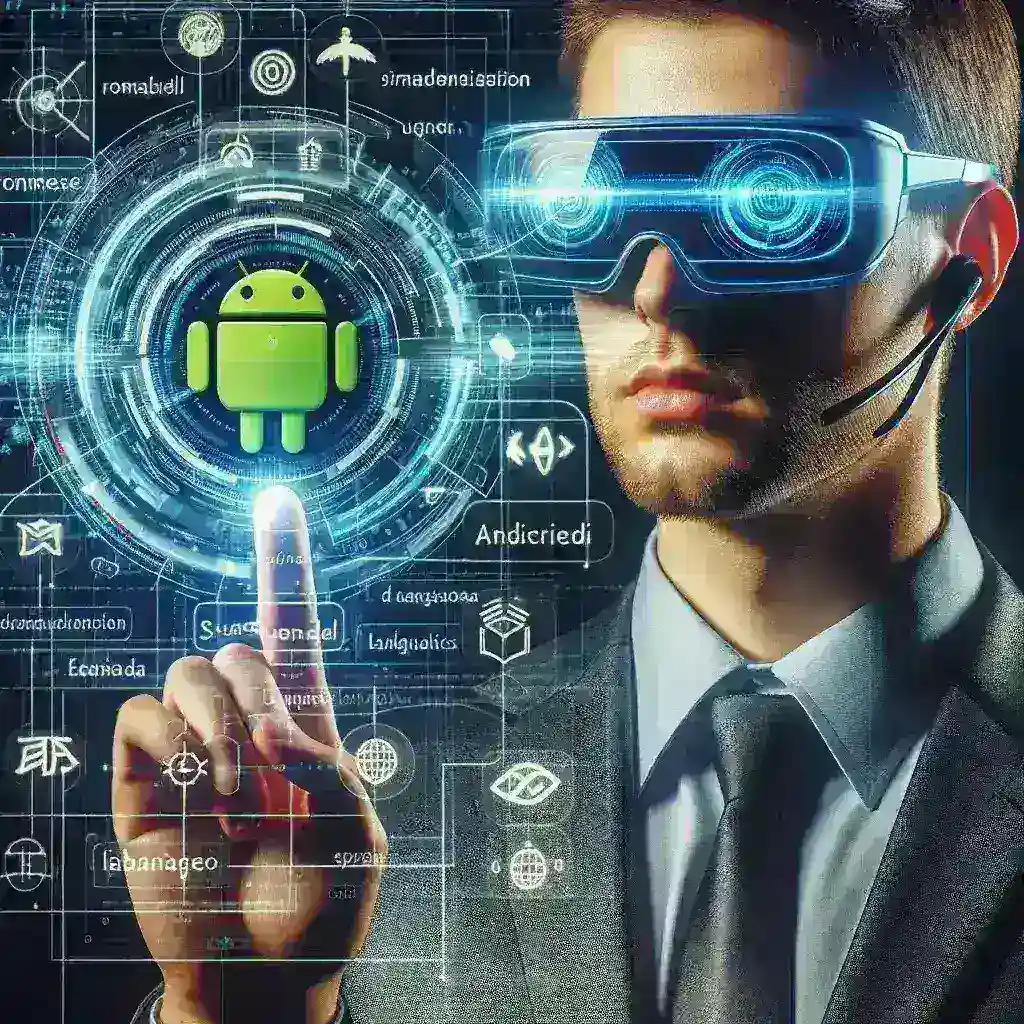 "Ilustrasi kacamata Android XR yang digunakan untuk terjemahan simultan di Spanyol, menampilkan antarmuka inovatif dan fitur teknologi canggih yang mendukung komunikasi multibahasa."