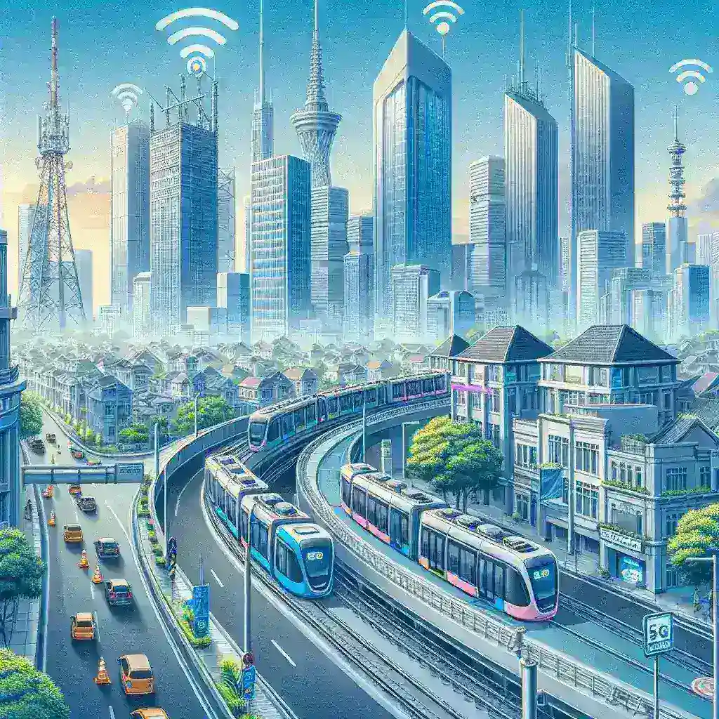 "Infographic showing Surabaya's 5G network deployment plans for autonomous public transportation systems, highlighting key benefits and infrastructure improvements."