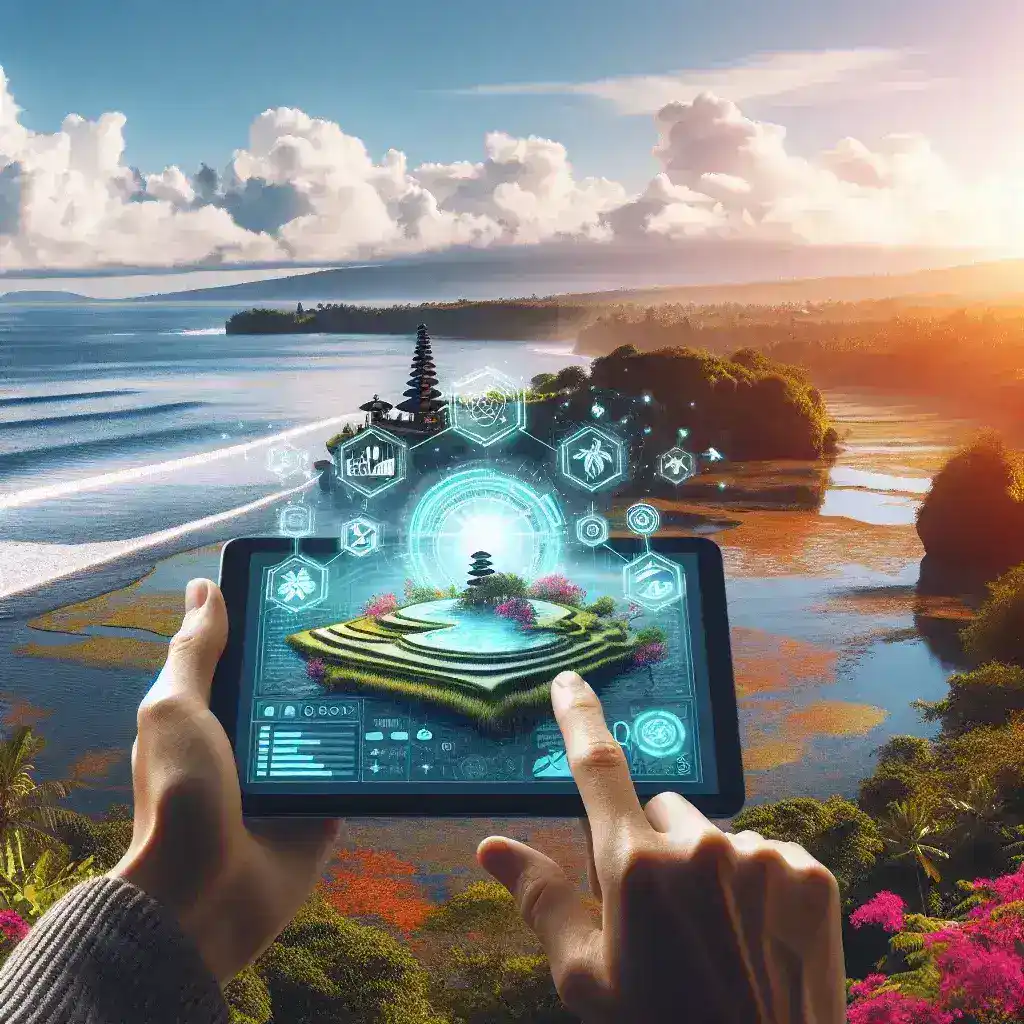 "Ilustrasi proyek pariwisata pintar Bali yang memanfaatkan teknologi AR dan IoT, menampilkan pengunjung menggunakan aplikasi augmented reality untuk menjelajahi destinasi wisata yang interaktif."